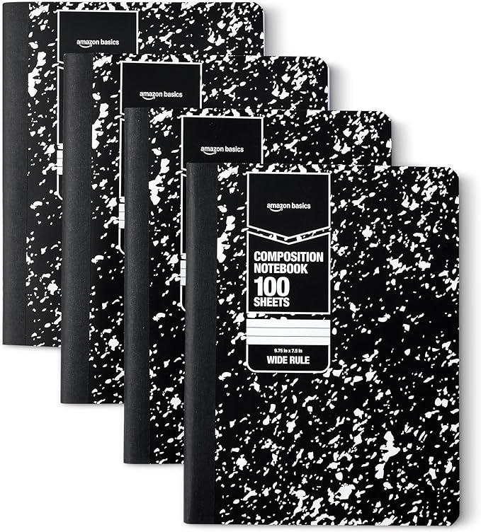 Amazon Basics Composition Notebook, Wide Ruled, 100 Sheets, 9.75" x 7.5", Marble Black, Sturdy Cover with Conversion Charts, for School, Home, and Office Use, 4-Pack