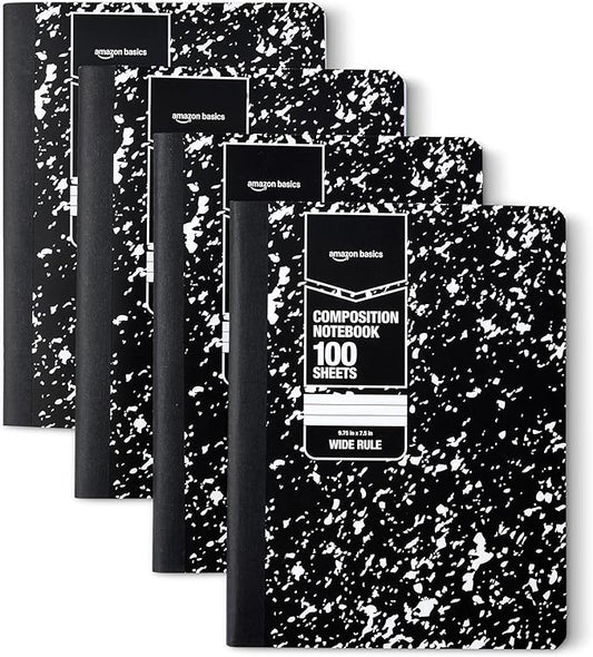 Amazon Basics Composition Notebook, Wide Ruled, 100 Sheets, 9.75" x 7.5", Marble Black, Sturdy Cover with Conversion Charts, for School, Home, and Office Use, 4-Pack
