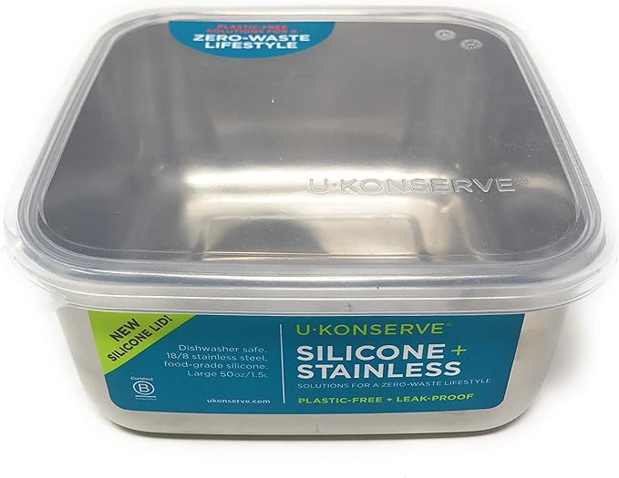 UKONSERVE Stainless Steel Food Storage Bento Box Container, Leak Proof Silicone Lid Dishwasher Safe - Plastic Free (50oz Clear)