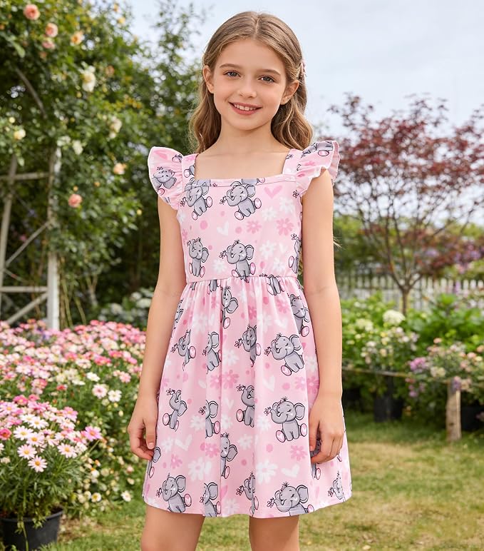 Popshion Girls Dresses Flutter Sleeve Swing Sundress Toddler Summer Clothes Kid Birthday Party Sleeveless Dress 1-8 Years Old