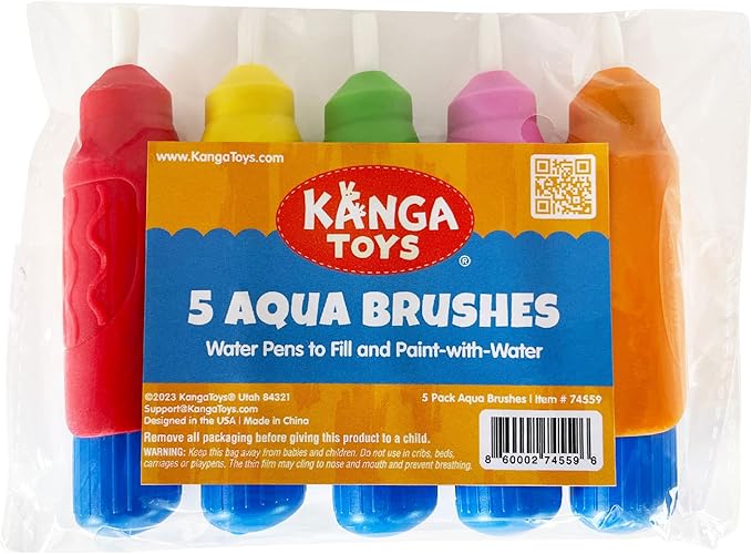 5 Multi-Color Aqua Brushes, Paint with Water Brush Set, Replacement Water Doodle Wow Pens by Kanga Toys for Drawing Books or Magic Mats, for Kids Ages 3+