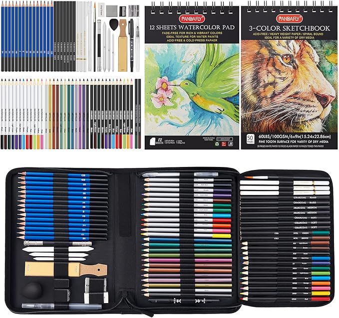 PANDAFLY 80 Drawing Sketching Kit Set - Pro Art Supplies with Sketchbook & Watercolor Paper - Include Tutorial,Pastel,Watercolor,Sketch,Colored,Metallic,Charcoal Pencils - for Beginners & Pro Artists