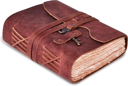 LEATHER VILLAGE Vintage Leather Journal – 200 Handmade Vintage Deckle Edge Paper – Leather bound Journal For Women Men – Vintage Key Closure - Book of Shadows - Red Brown - 13X8 inches