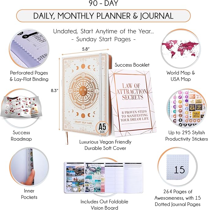 Gratitude Journal for Women and Men — 5 Minute Self Care Journal | Mindfulness, Manifestation, Affirmation | 3 Month Productivity Planner | Undated Daily Planner, Vision Board + Stickers