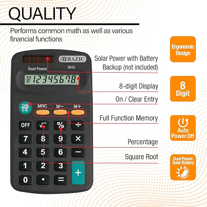BAZIC Products 8 Digit Pocket Size Calculator, Dual Power Solar & Battery, LCD Display, Mini Small Basic Standard Function Calculators, Black Color, 288-Pack