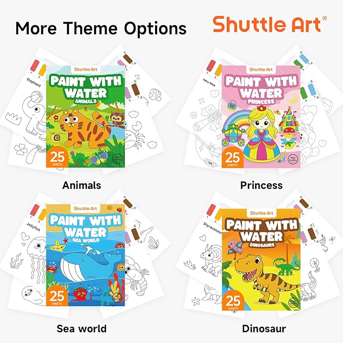 Shuttle Art Paint with Water Coloring Book for Kids, 25 Animals Themed Pages with 2 Brushes, Mess-Free Watercolor Paint Set, Travel-Friendly Art Craft Gift for Toddlers, Birthday Christmas Gift