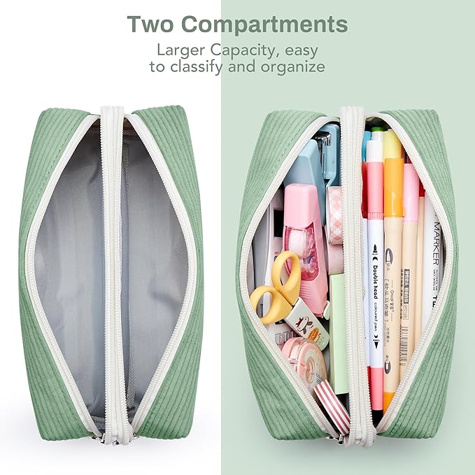 KALIDI Large Pencil Case Corduroy Pencil Pouch Box Cute School Supplies for Teen Girls Boys, Green
