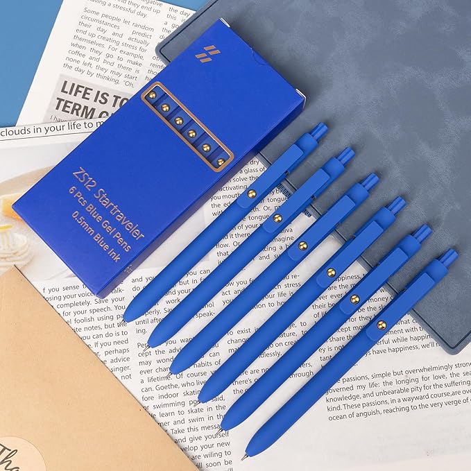 YOXMJDB 6 Pcs Blue Ink Pens for Journaling 0.5mm Fine Point Blue Gel Ink Pens, Smooth Writing Quick Dry Pens for Note Taking, Gift Set for Women & Men (6 Pcs Blue Gold)