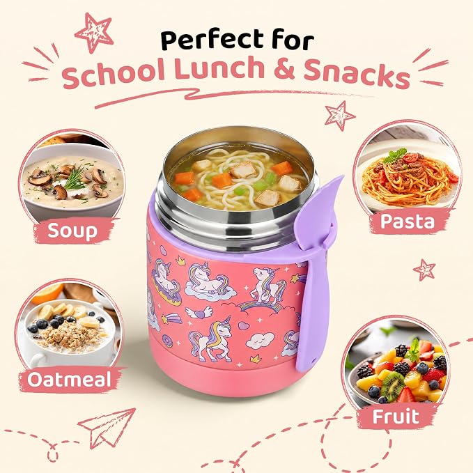 10oz Soup Thermo for Hot Food Kids Insulated Food Jar,Thermo Hot Food Lunch Container, Width Mouth Stainless Steel Lunch Box for Kids with Spoon (Pink-Cute Horse)
