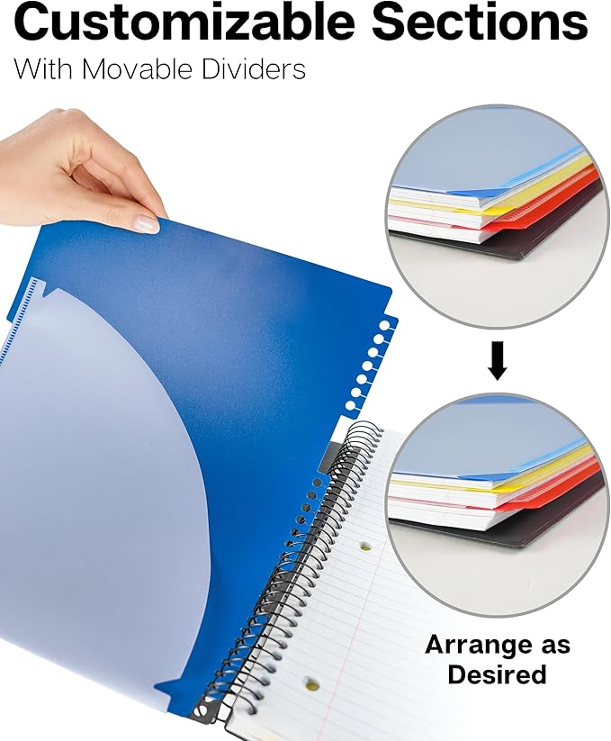 Dunwell 3-Subject Notebook College Ruled 8.5 x 11 (Black), 150 Sheets (300 Pages), Spiral Notebook 8.5x11 with Tabs, Movable Dividers, Storage Pockets, Protective Plastic Covers