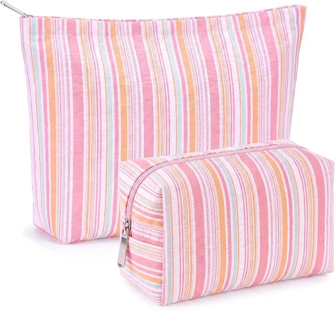 Huhumy 2 Pcs Striped Makeup Bag, Travel Toiletry Bag for Women, Aesthetic Cute Colorful Cosmetic Pouch, Seersucker Storage Organizer for Accessories, Essentials, Toiletries(Pink Orange Green)