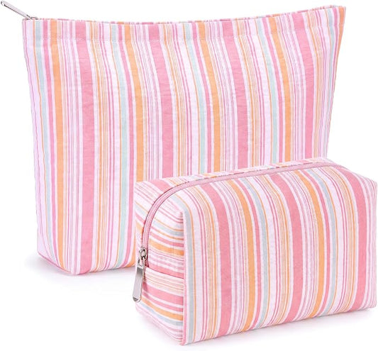 Huhumy 2 Pcs Striped Makeup Bag, Travel Toiletry Bag for Women, Aesthetic Cute Colorful Cosmetic Pouch, Seersucker Storage Organizer for Accessories, Essentials, Toiletries(Pink Orange Green)