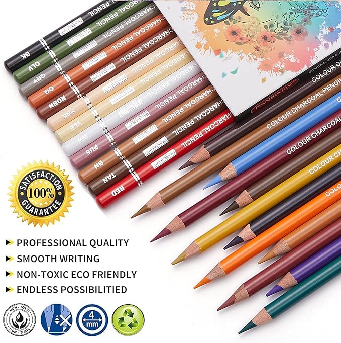 PANDAFLY Professional Colored Charcoal Pencils Drawing Set, Skin Tone Colored Pencils, Pastel Chalk Pencils for Sketching, Shading, Coloring, Layering & Blending, 24 Colors