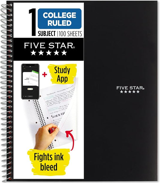 Five Star Spiral Notebook Plus Study App, 1 Subject, College Ruled Paper, 100 Sheets, 8-1/2" x 11", Forest Green (72055) (Pack of 12)