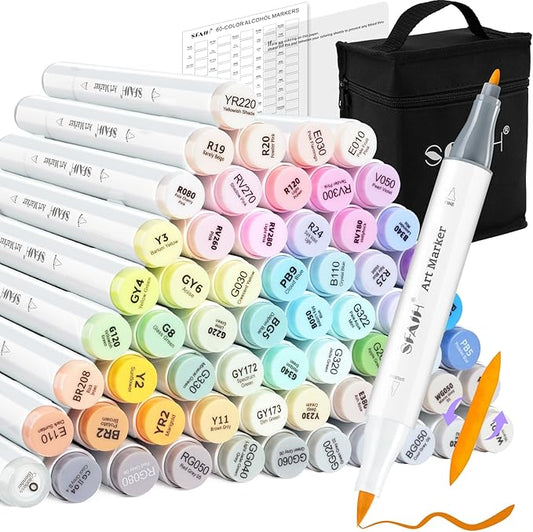 SFAIH Alcohol Markers Brush Tip - 61 Pastel Brush & Fine Dual Tip Art Markers for Artist Illustration, Adult Coloring Books, Gifts for Artist Adult, Colorless Blender, Enjoy Blending, Carrying Case