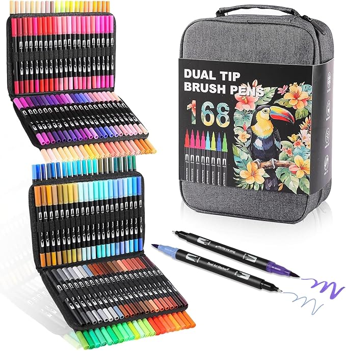 TOSHARE Art Markers Pens Dual Tip Coloring Markers Set with Brush & Fine Nib for Adult Coloring Book Brush Pens Professional Calligraphy & Drawing Art Supplies Kit for Adults (168 Colors)