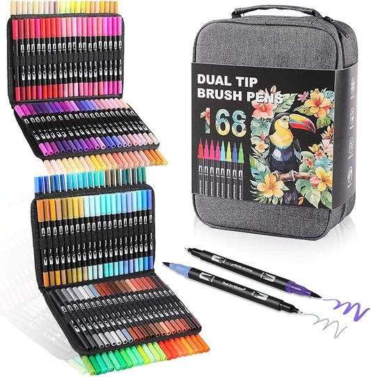 TOSHARE Art Markers Pens Dual Tip Coloring Markers Set with Brush & Fine Nib for Adult Coloring Book Brush Pens Professional Calligraphy & Drawing Art Supplies Kit for Adults (168 Colors)