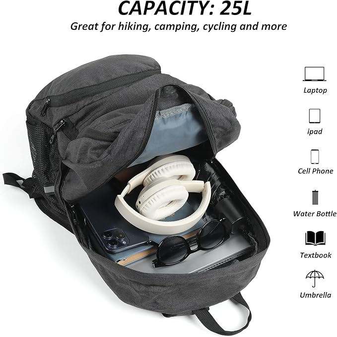 TANTOMI Ultra Lightweight Packable Backpack 25L - Foldable Hiking Daypack for Travel, Small Rucksack for Men Women Outdoor - Black