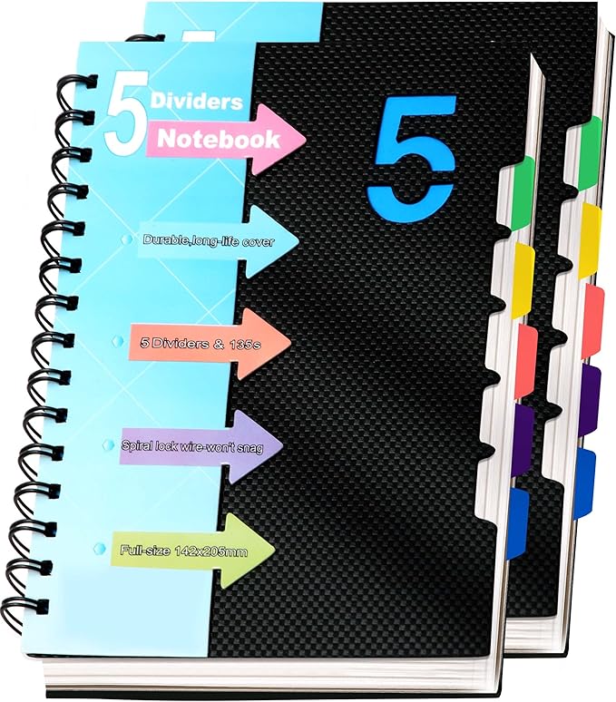 CAGIE 2 Pack 5 Subject Notebook with Dividers 220 Pages Spiral Notebooks with Tabs 6x8 A5 Spiral Bound Journal for Note Taking Work School Supplies, Wide Ruled, Black