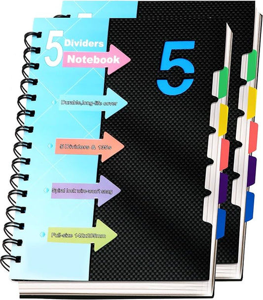 CAGIE 2 Pack 5 Subject Notebook with Dividers 220 Pages Spiral Notebooks with Tabs 6x8 A5 Spiral Bound Journal for Note Taking Work School Supplies, Wide Ruled, Black