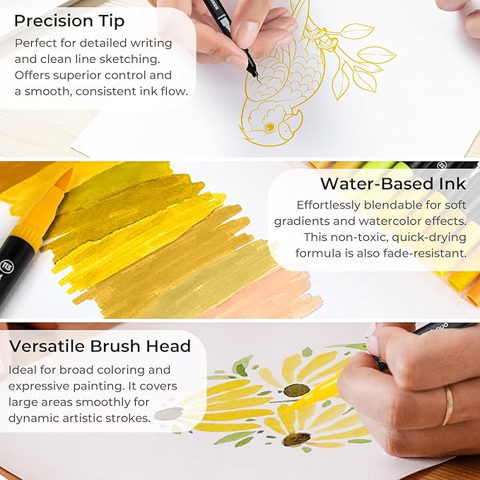 ZSCM Yellow Duo Tip Marker Pens, 12 Pack Fine & Brush Markers for Adult Coloring Books No Bleeding, Sunshine Yellow Markers for Summer Themes, Sunflower Art, Energetic Accents and Happy Doodles
