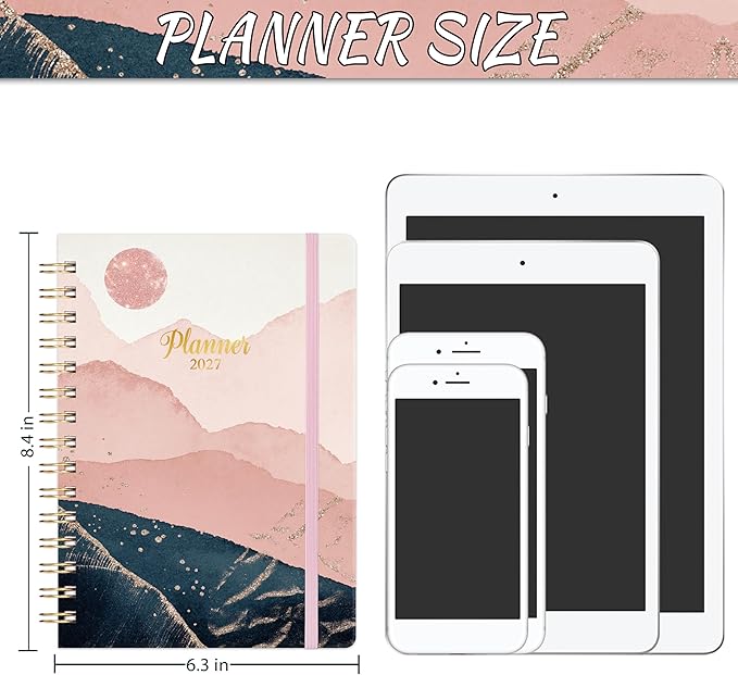 2027 Planner - 2027 Weekly and Monthly Planner Calendar, January 2027 - December 2027, 6.3" x 8.4", Back Pocket + Thick Paper + Twin-Wire Binding - Pink Moon