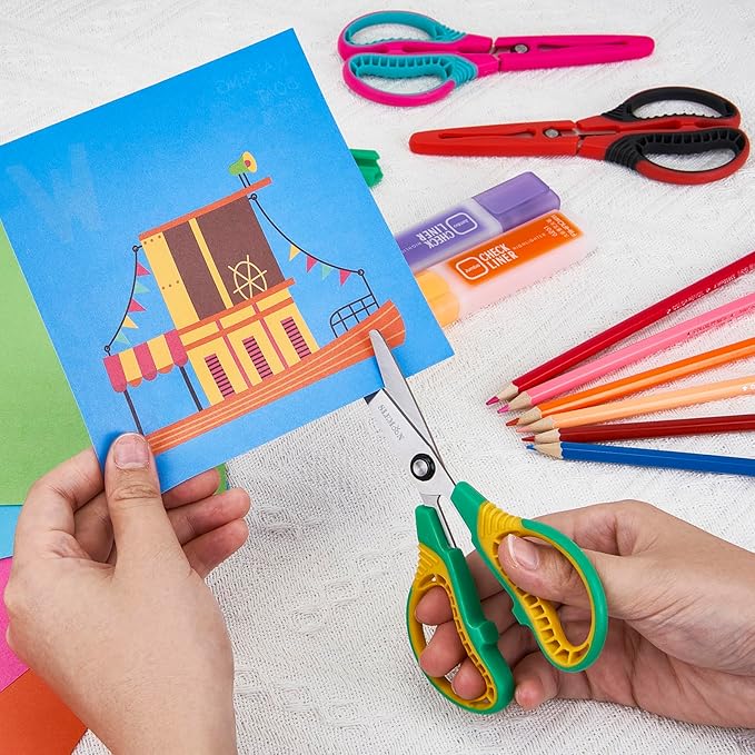 Kids Scissors for Ages 6+, 6" Blunt Tip Children Craft Scissors with Safety Cover, Ambidextrous Soft Grip Stainless Steel Blades for School Home Art Supplies,3-Pack