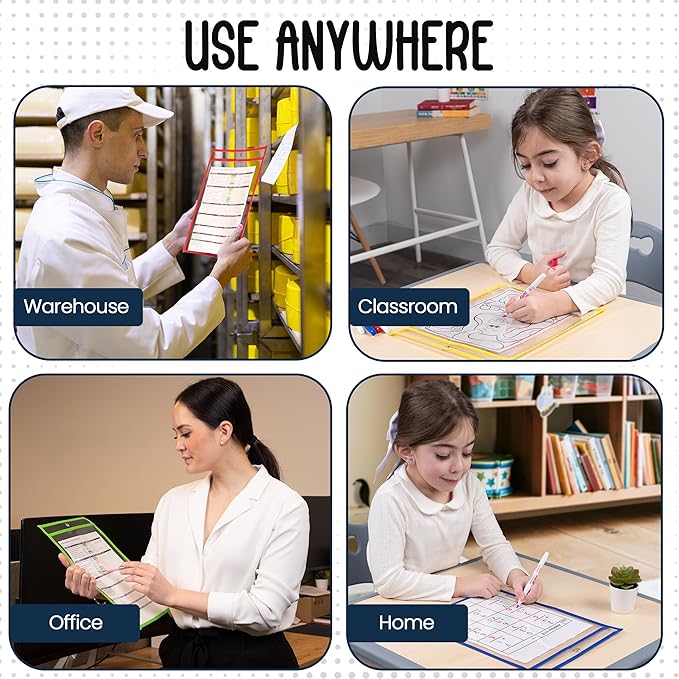 Essex Wares - 6 Pack, Assorted, Dry Erase Pocket Document Protectors, 10" Wide x 13.5" Tall- Dry Erase Clear Plastic Sleeves - Reusable & Easy Erase Plastic Invoice Holders, Water-Resistant & Durable