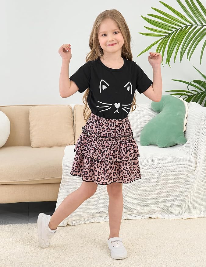 Little Girls Skirt Set - 2 Piece Short Sleeve Top Shirred Tiered Skirt Outfit Girls Spring Summer Clothes 3-8 Years