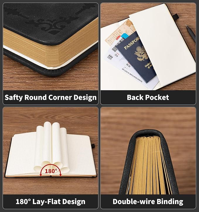 ALKALO Graph Journal Notebook, A5 200 Pages Leather Journals For Writing Women & Men Travel,Business,Work & School, Hardcover Journaling Notebooks Daily Diary, 5.7'' X 8.3''-Black