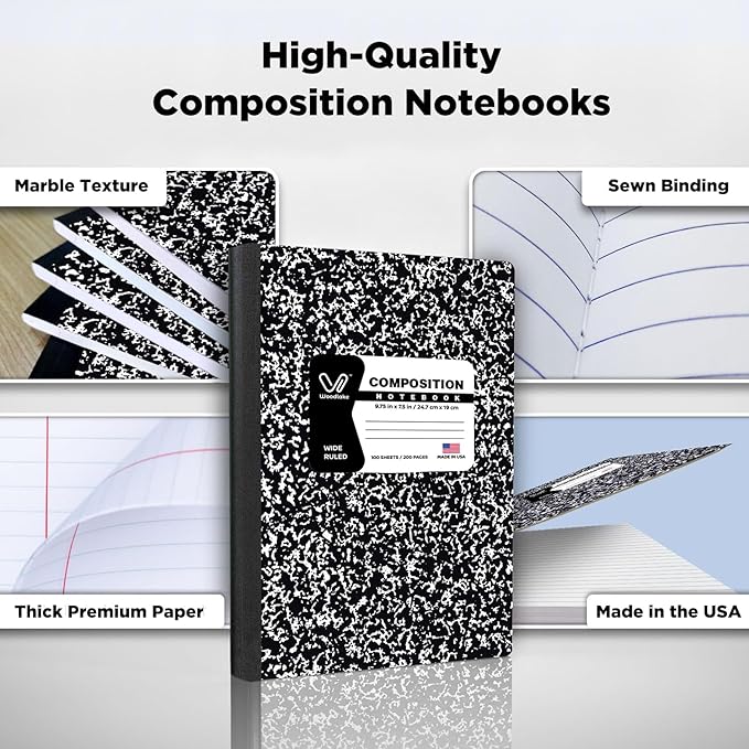 Composition Notebooks 12 Pack Wide Ruled Paper Black Marble Composition Books 100 Sheets / 200 Pages 9-3/4" x 7-1/2" School Supplies Sturdy Sewn Binding Notebook for Student College Office Writing Book