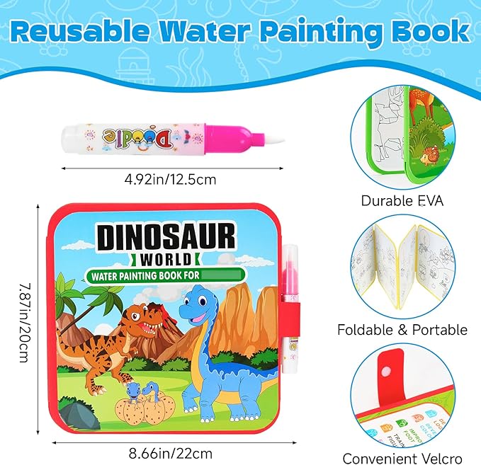 Bafeil 4 Pack Reusable Water Coloring Book Set with Water Pens and Canvas Bag, No Mess Water Painting Books, Animal Ocean Dinosaur Themes, Travel Coloring Activity