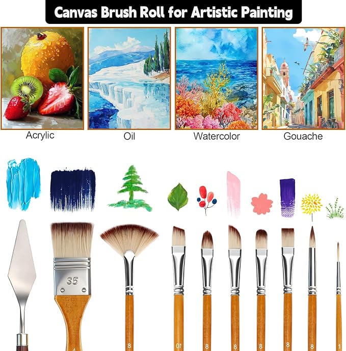 Halobios 25pcs Paint Brush Set, Professional Paint Brushes with Canvas Roll and Palette Knife, Acrylic Paintbrush Kit for Artist,Watercolor,Oil,Gouache