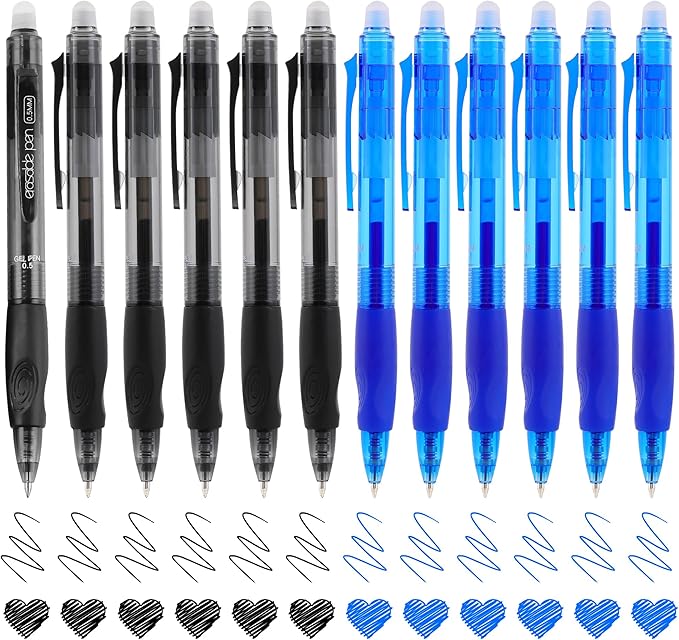 USUAL Retractable 6 Black 6 Blue Erasable Gel Pens Clicker, Fine Point(0.5mm),Make Mistakes Disappear, Premium Comfortable Grip, Smooth Writing Pen Office Back-to-School Supplies
