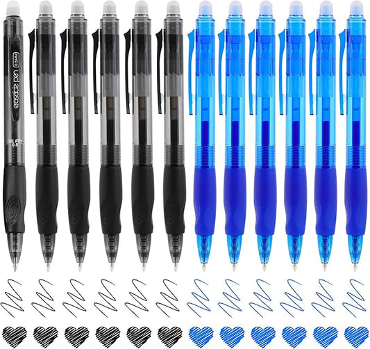 USUAL Retractable 6 Black 6 Blue Erasable Gel Pens Clicker, Fine Point(0.5mm),Make Mistakes Disappear, Premium Comfortable Grip, Smooth Writing Pen Office Back-to-School Supplies