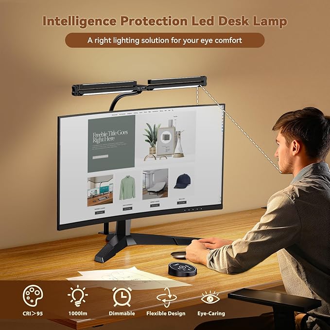 Pzloz Led Desk Lamps for Home Office - Eye Caring Architect Lamp with Clamp, Double Head Computer Monitor Work Desk Light with Remote Control: 24W Flexible Dimmable Desktop Table Lamp