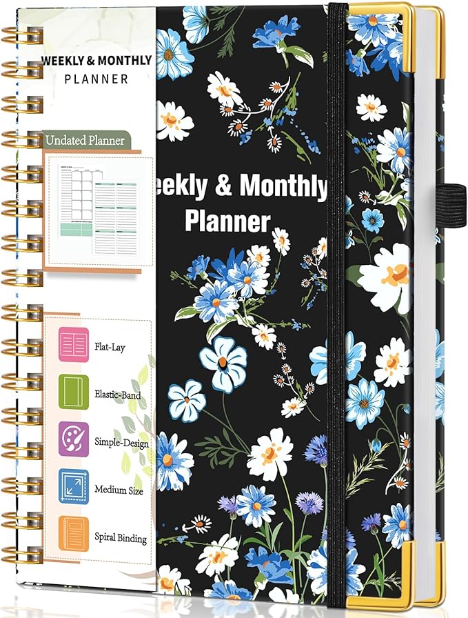 Undated Weekly Planner, Hardcover Weekly & Monthly Calendar Blank Planner, To Do List Notebook with Goal & Habit Tracker Organizer, A5 Daily Planner with Spiral Binding, Ideal for Work School Home, Blue Flower