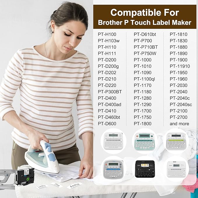 Fimax Tze FA231 Tze FA3 Compatible Fabric Iron-on Clothing Label Replace for Brother P Touch Fabric Tape 12mm 0.47'' for PT-D210 PT-D400 PT-H100 PT-D200 (2PK Black on White+2PK Navy Blue on White)