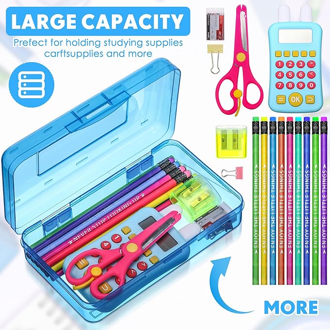 Leelosp 12 Pack Clear Pencil Boxes for School Bulk, Large Plastic Pencil Case with Lid, Stackable Hard Crayon Storage Box for Classroom Kids, Desk Drawer Organizer for Office Home(Blue)