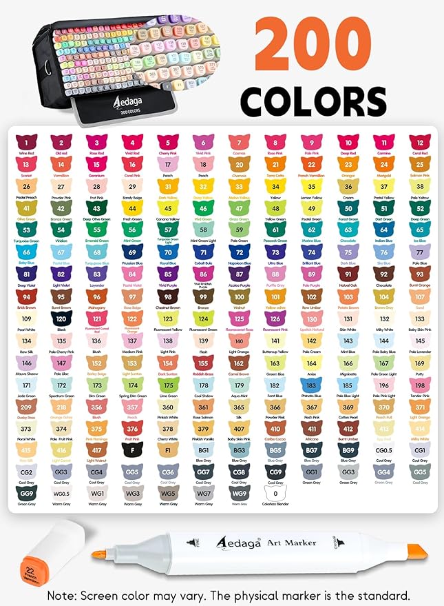 YHC 200 Colors Alcohol Markers with Free APP, Alcohol-Based Dual Chisel & Fine Tips Markers with Kickstand Case for Adult Coloring, Drawing, Painting and Sketching, Great Gift Idea for Artists