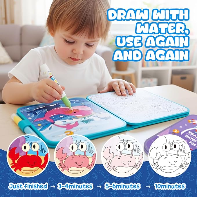 YoPoll Water Painting Book for Kids, Reusable Magic Water Coloring Book with Water Pen, No Mess Water Reveal Coloring Book, Travel Activity Toy for Toddlers Ages 3–6