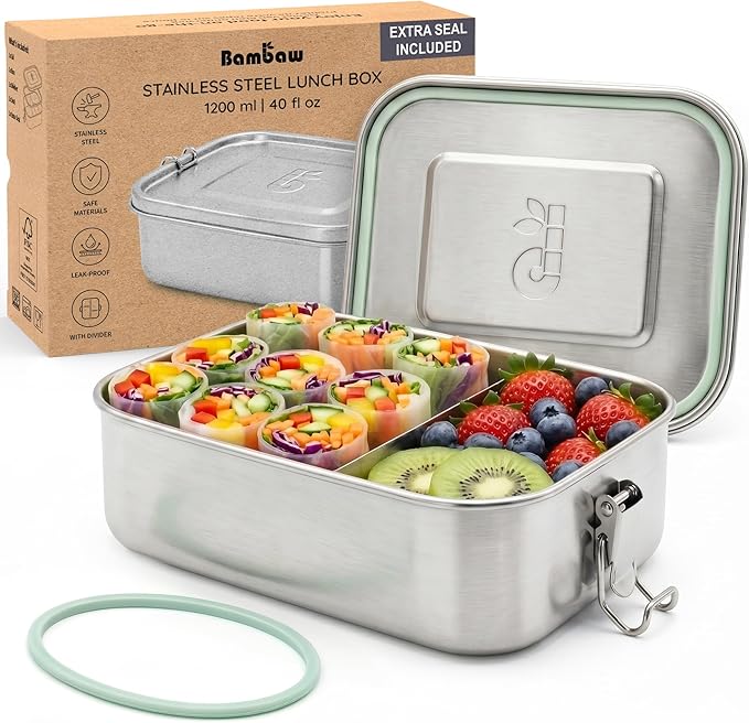 Bambaw Stainless Steel Lunch Box 40 oz, Metal Lunch Box with Adjustable Compartment, Leakproof Stainless Steel Bento, Food Grade Metal Sandwich Container