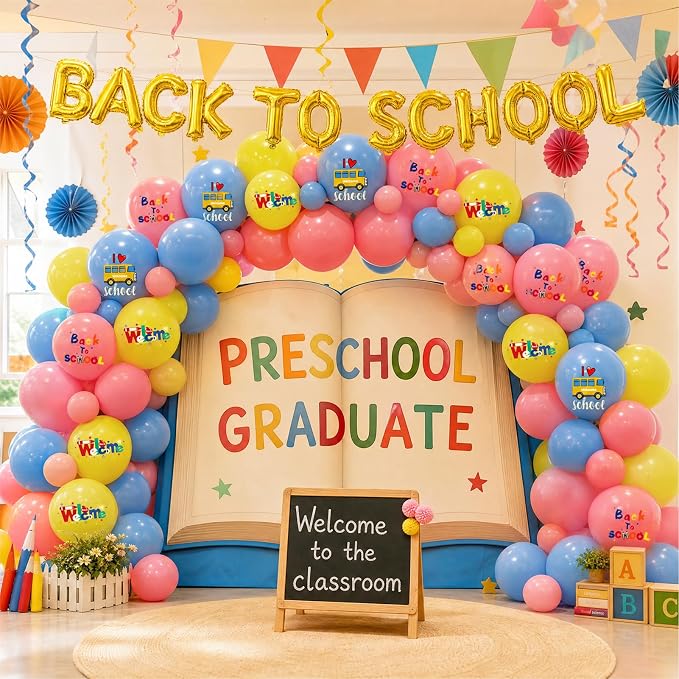 Back to School Balloons Decoration Kit, 16 Inch Gold Letter Balloon Banner, 12 Inch School Bus Printed Latex Balloons, Classroom Welcome Back Party Supplies for Students Teachers First Day of School