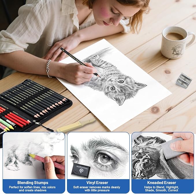 Heshengping, Sketching and Drawing Pencils Set 26pcs, Art Supplies Drawing pencil Kit,Graphite Charcoal Professional Pencils Set, Adults Beginners Artist