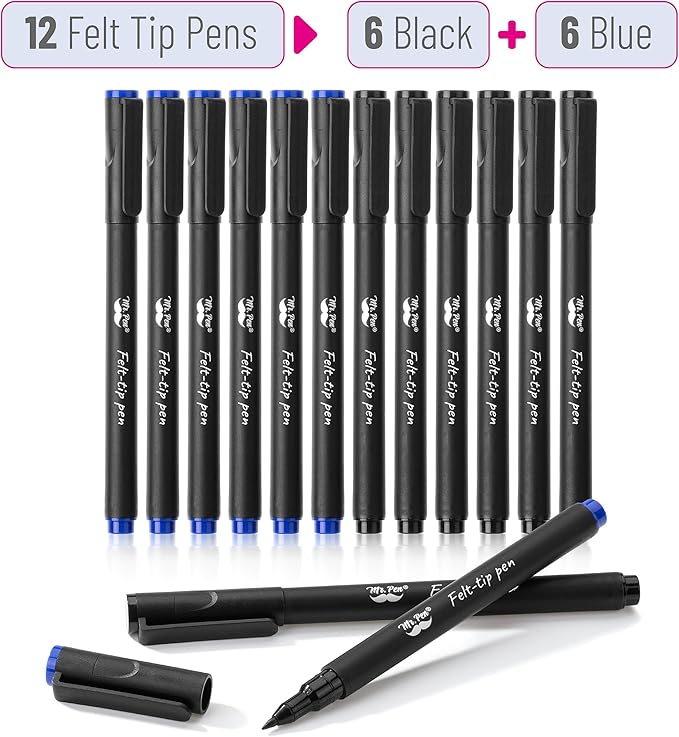 Mr. Pen- Felt Tip Pens, Fine Point, 12 Pack, Blue and Black Inks, Fast Drying, No Smear, Bible Journaling Pens No Bleed-Through for Planners, Sketching, Writing