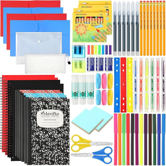 Gilprop 176 Pcs School Supply Kit 2 Set Back to School Supplies for Students Essential Bundle Kit Include Pencil Notebook Ruler Glue Scissor Sticky Note Eraser Pencil Sharpener