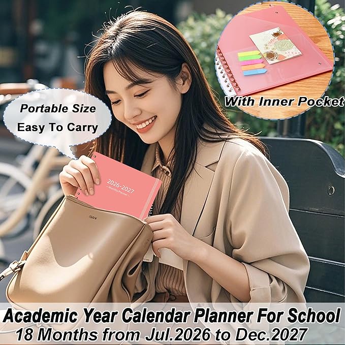 2026-2027 Monthly Planner (7.6'' x 9.6''), 18 Months Agenda Planner from Jul 2026-Dec 2027, Calendar Book with Tabs & Pocket, Pink