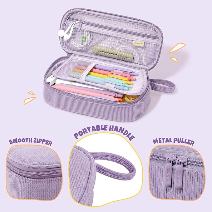 SUNEE Cute Pencil Case, Large Capacity Pencil Pouch, Soft Corduroy Pencil Bag, Big Storage Pen Organizer for Stationery, Aesthetic Zipper Pencil Box, Back to School Supplies for Teen Girls Boy, Purple