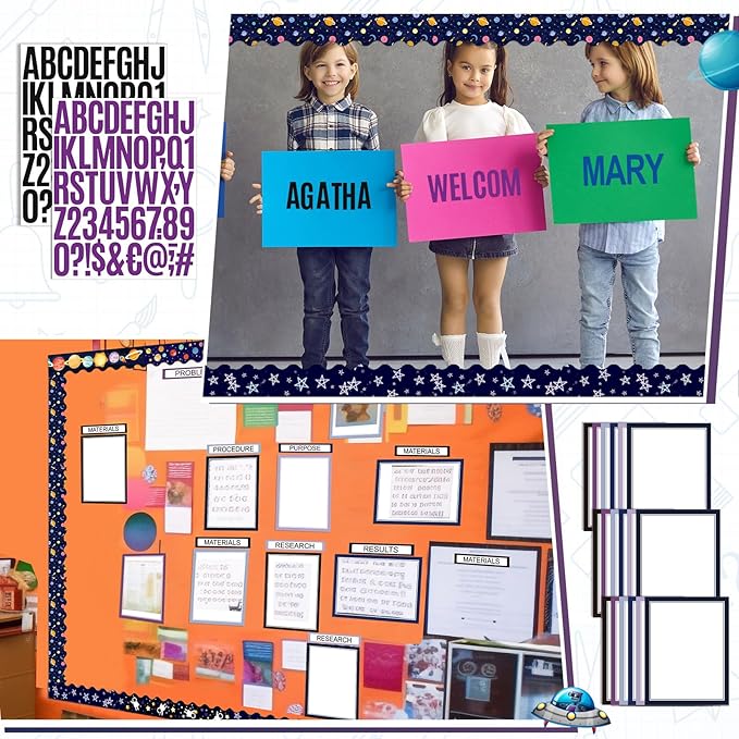 Sinload 92 Pcs Science Fair Board Supplies 60 Trim Scalloped Poster Boards 18 Presentation Subtitles 6 Project Titles 8 Letter Sticker for Classroom Display Boards (Purple,Space)