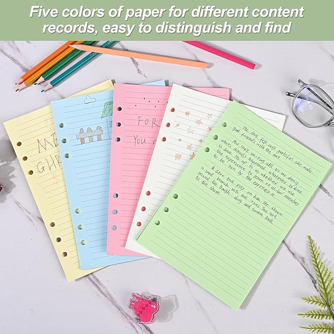 A5 Horizontal Line Loose-leaf Paper, College Scratch 5-Color Filler Paper 6-Hole Notebook 8.26x5.6 inches,50 Sheets/100 Pages (5-Color Lined-50 Sheets, A5)